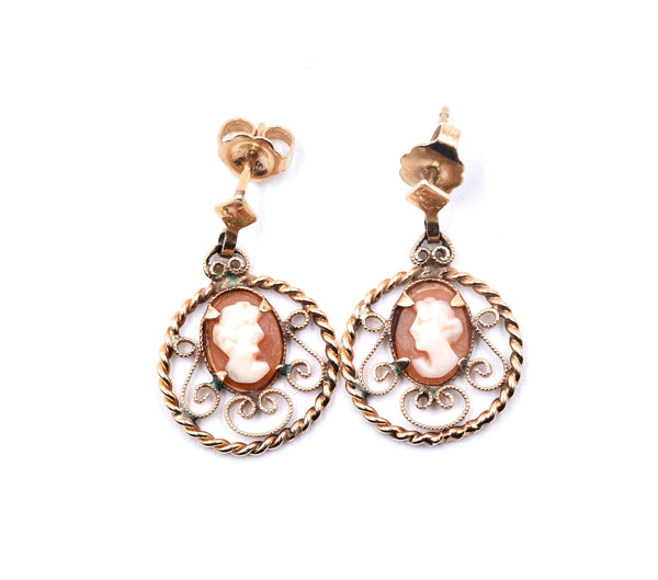 14k Yellow Gold Cameo Drop Earrings