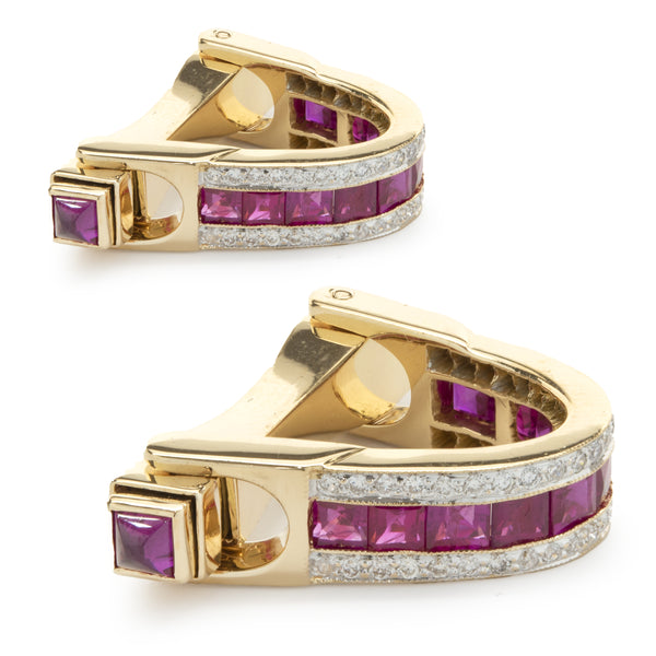 18 Karat Yellow Gold Ruby and Diamond Geometric Bridge Cufflinks