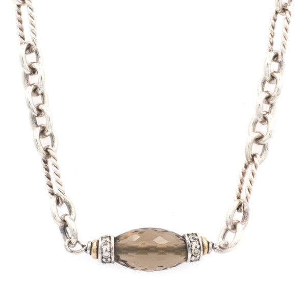 David Yurman Sterling Silver and 18 Karat Yellow Gold Smoky Quartz and Diamond Figaro Bijoux Necklace