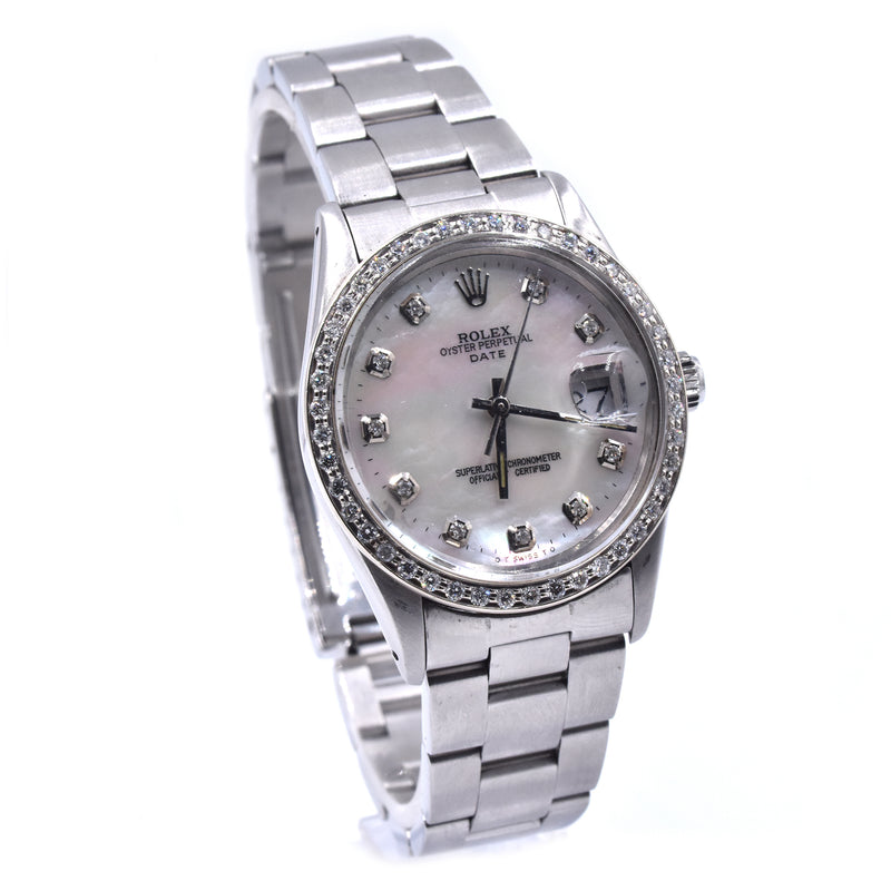 Rolex Stainless Steel Date with Custom Diamond Mother of Pearl Dial, Diamond Bezel