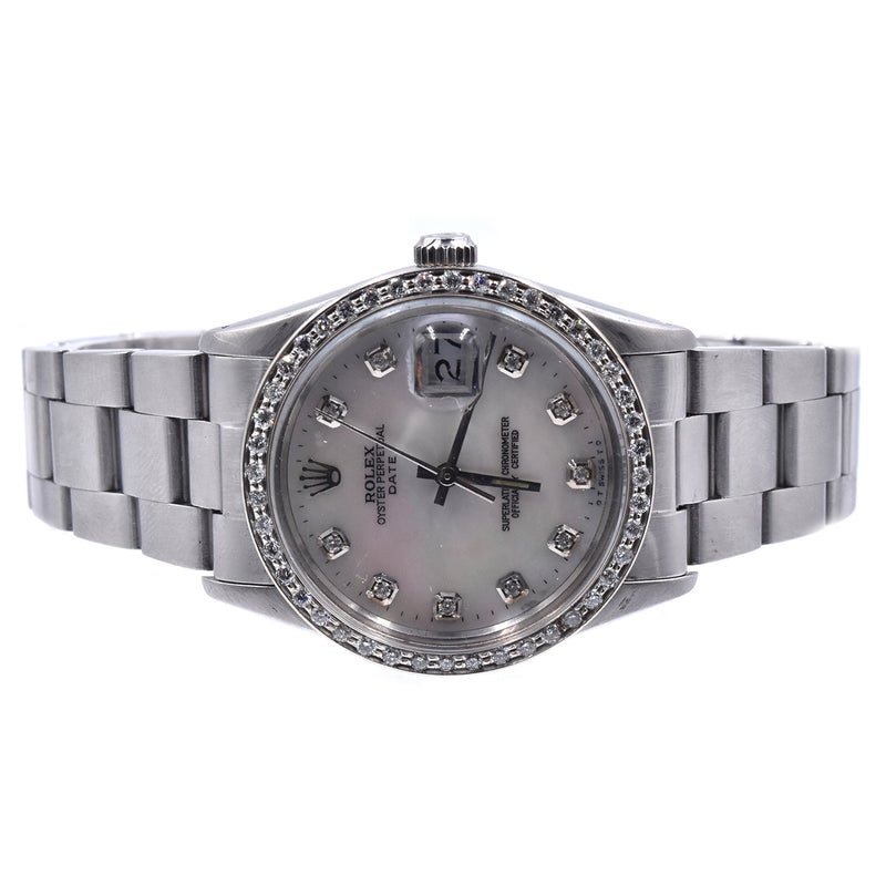 Rolex Stainless Steel Date with Custom Diamond Mother of Pearl Dial, Diamond Bezel
