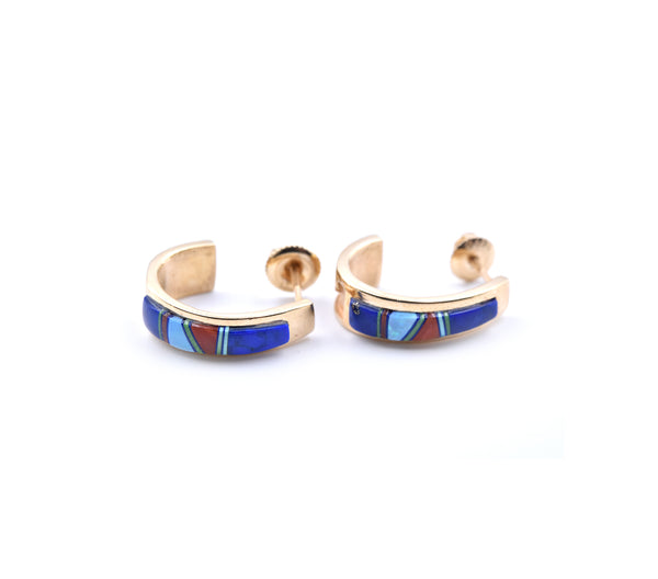 14k Yellow Gold Navajo J Style Earrings with Lapis, Malachite, Coral and Mother of Pearl Inlay